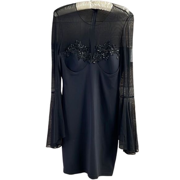 Ladies Black Goth Cocktail Dress, Vintage, Black, Sheer, Bell Sleeves - Picture 2 of 12